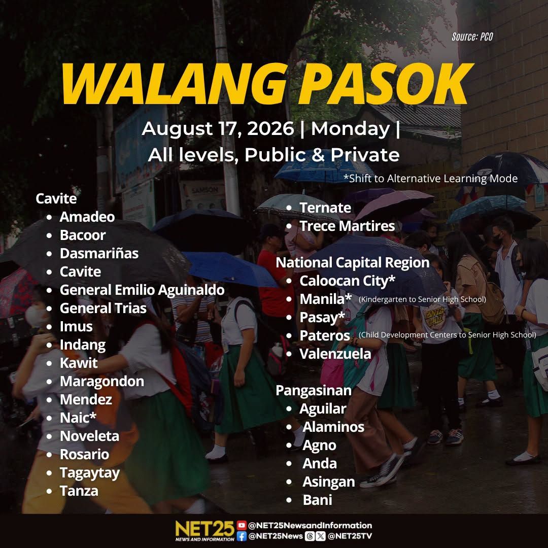 As of 6 a.m., suspendido ang klase sa mga lugar sa bansa ngayong Lunes, Agosto 17, dahil sa masamang lagay ng panahon dala ng habagat...jpg