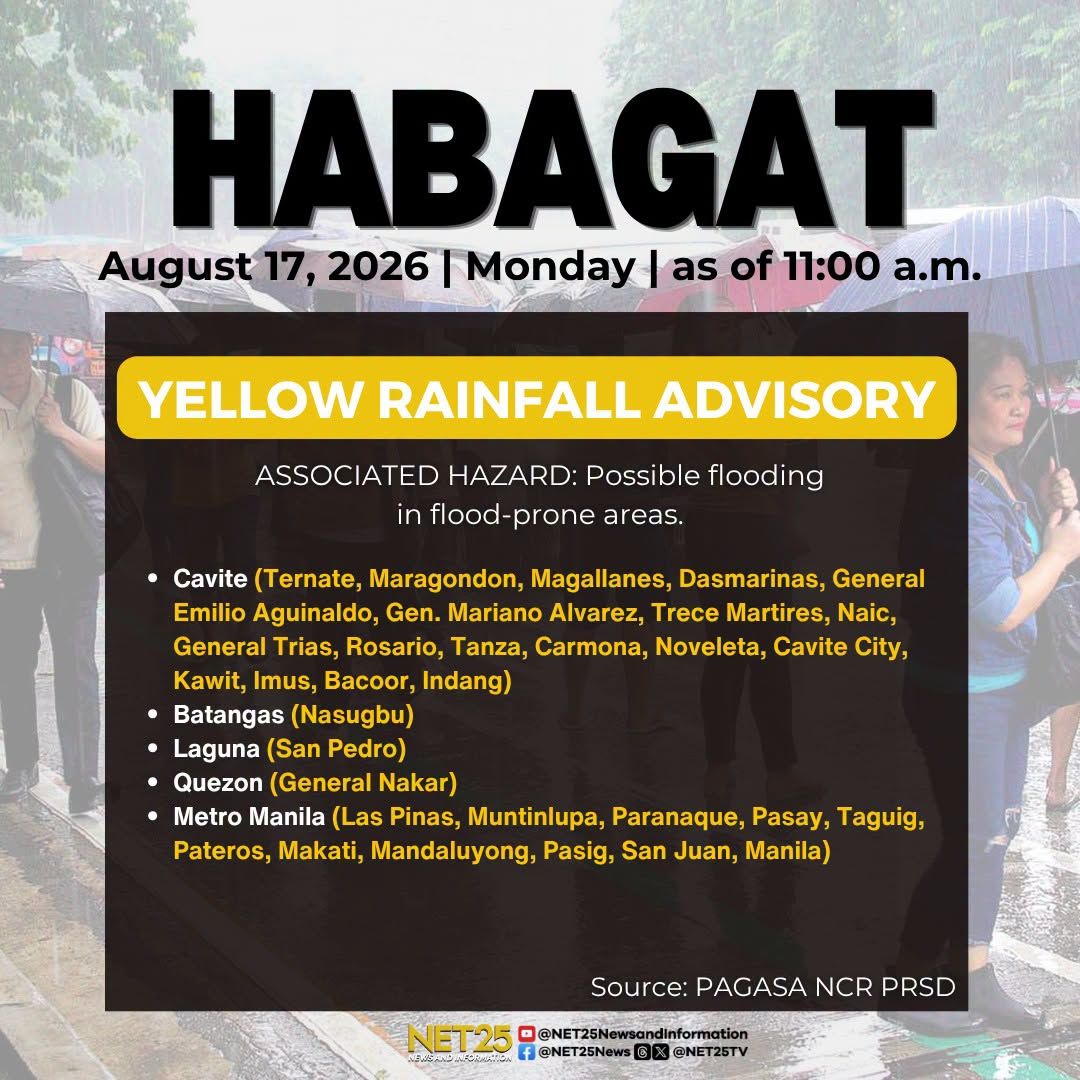 Itinaas ang orange at yellow rainfall warning sa Metro Manila at ilang karatig-lalawigan kabilang ang Zambales, Bataan, Pampanga, Tarlac, Cavite, Batangas, at Quezon ngayong Lunes, Agosto 17, 2026,..jpg