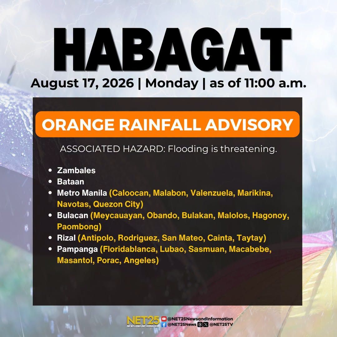 Itinaas ang orange at yellow rainfall warning sa ilang lugar sa Metro Manila, Zambales, Bataan, Pampanga, Tarlac, Cavite, Batangas, at Quezon dahil sa mga pag-ulan dala ng habagat..jpg