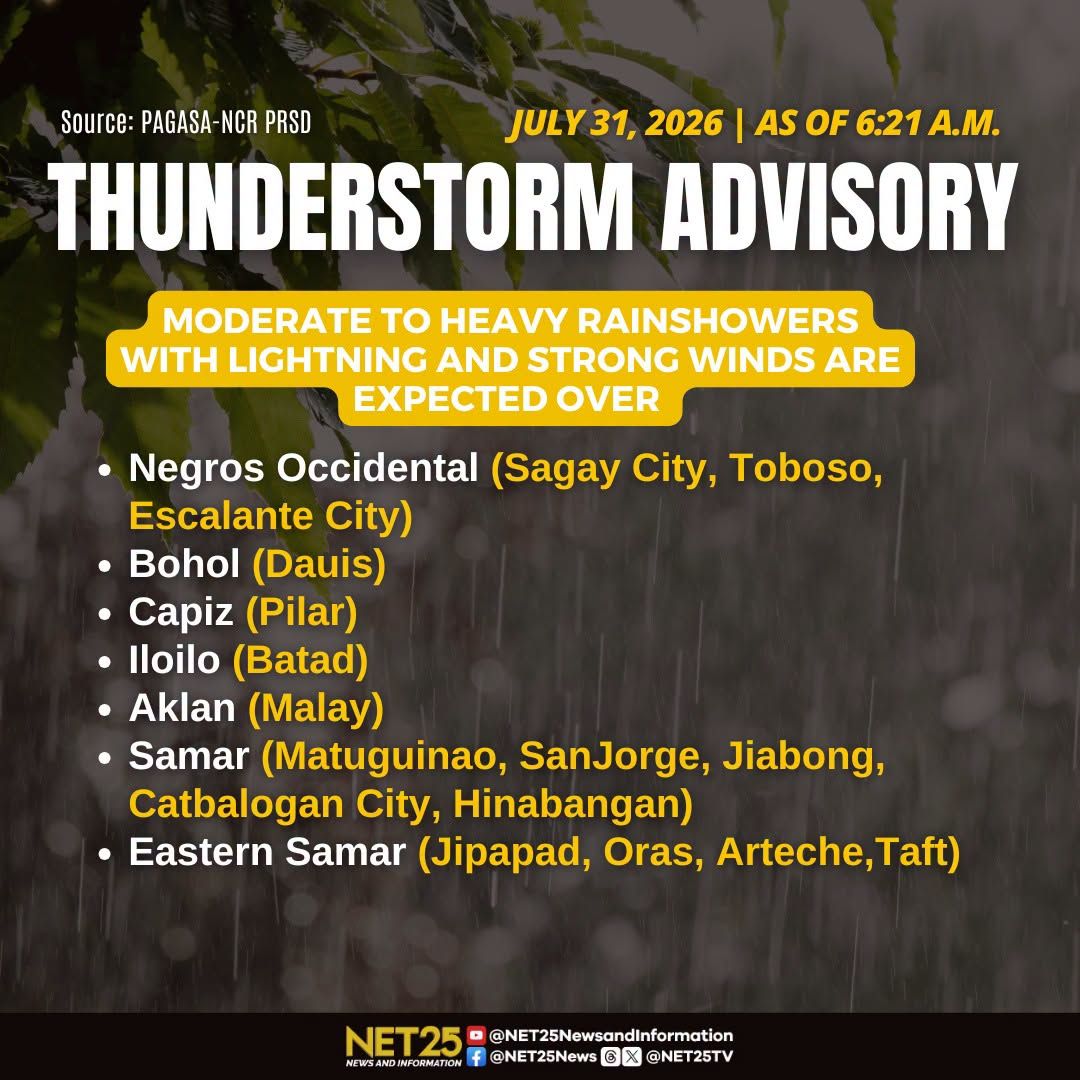 Katamtaman hanggang malalakas na pag-ulan, inaasahan sa Negros Occidental, Bohol, Capiz, Iloilo, Aklan, Samar, at Eastern Samar.jpg