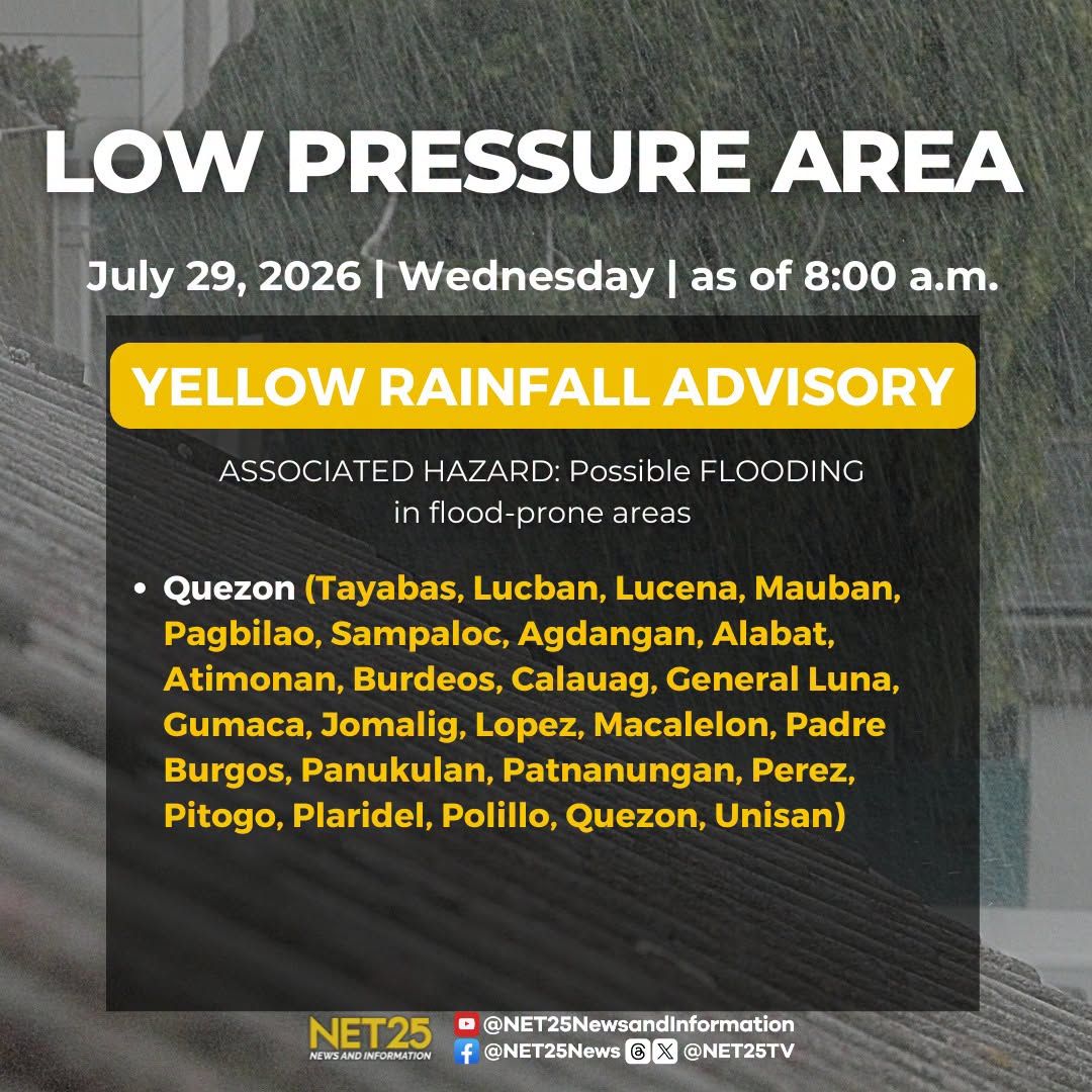 Nananatili sa yellow warning level ang Quezon Province ngayong alas-8 ng umaga dahil sa low pressure area (LPA), habang nagpapatuloy din ang mga pag-ulan sa Metro Manila at ilang kalapit na lalawigan..jpg