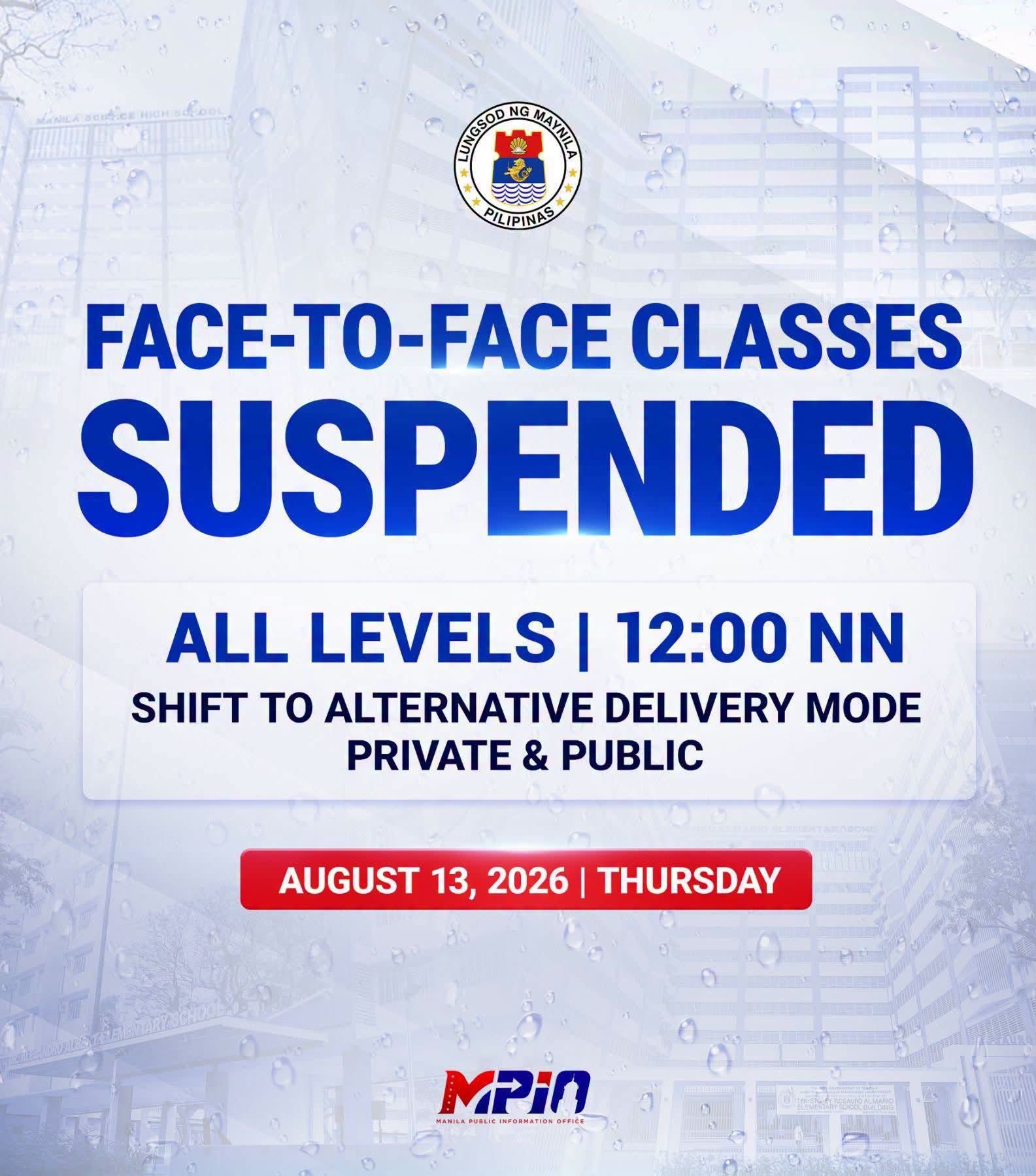 Panghapon na klase sa lahat ng antas sa Maynila, sinuspinde ngayong Huwebes, Agosto 13 dahil sa habagat.jpg