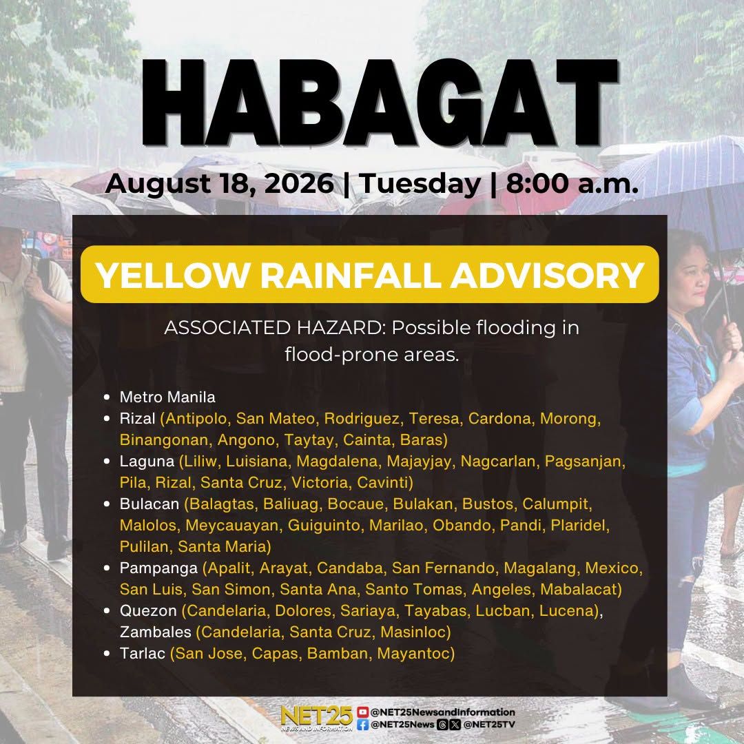 Red Rainfall Warning, nakataas sa Bataan, Batangas, at Zambales; Metro Manila at iba pang probinsya, sa orange at yellow alert...jpg