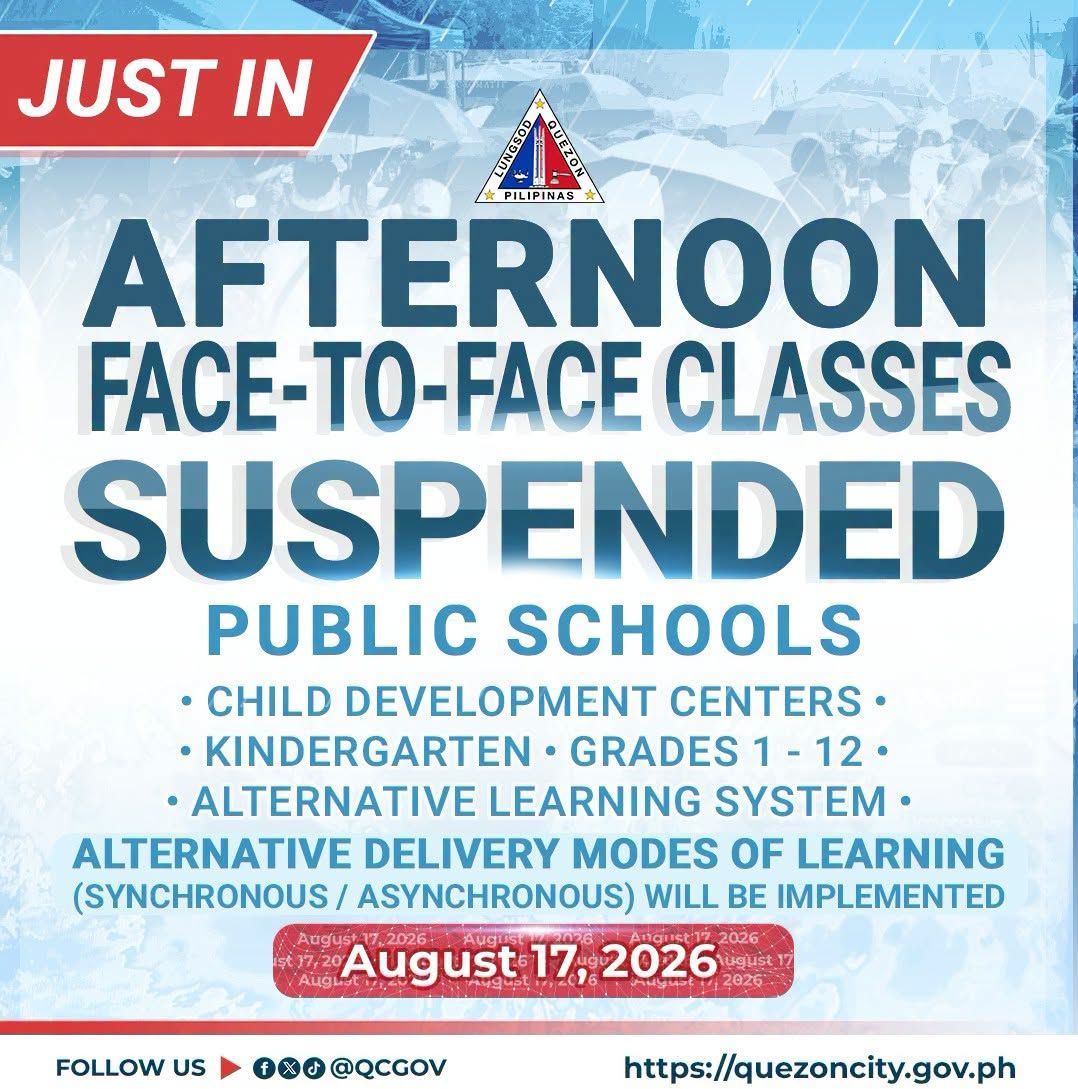 Suspendido ang panghapong klase sa lahat ng antas ng pampublikong paaralan sa Quezon City ngayong Lunes, Agosto 17.jpg